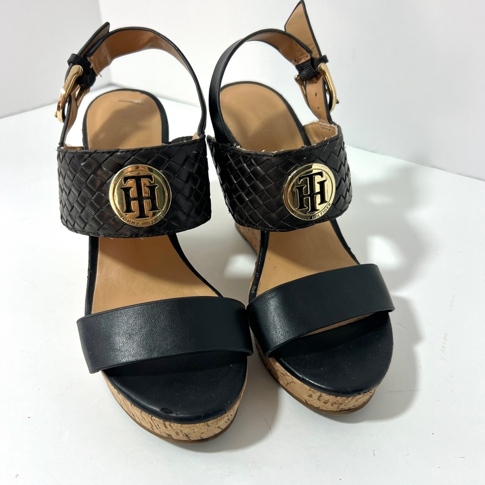 Tommy Hilfiger Manne Womens Black Cork Wedge Sandals‎ 6M